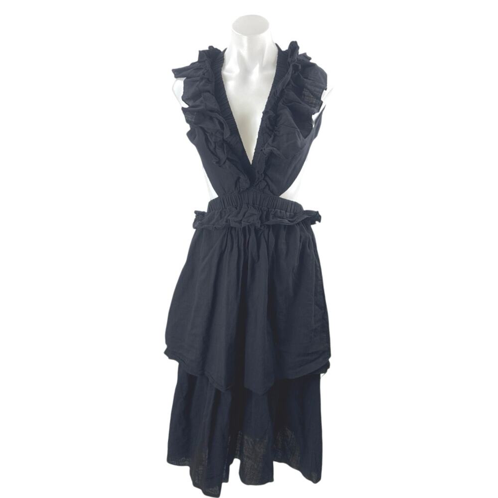 Reverse Womens Black Ruffle Cutout Deep V Neck Layered Midi Flare A-Line Dress S